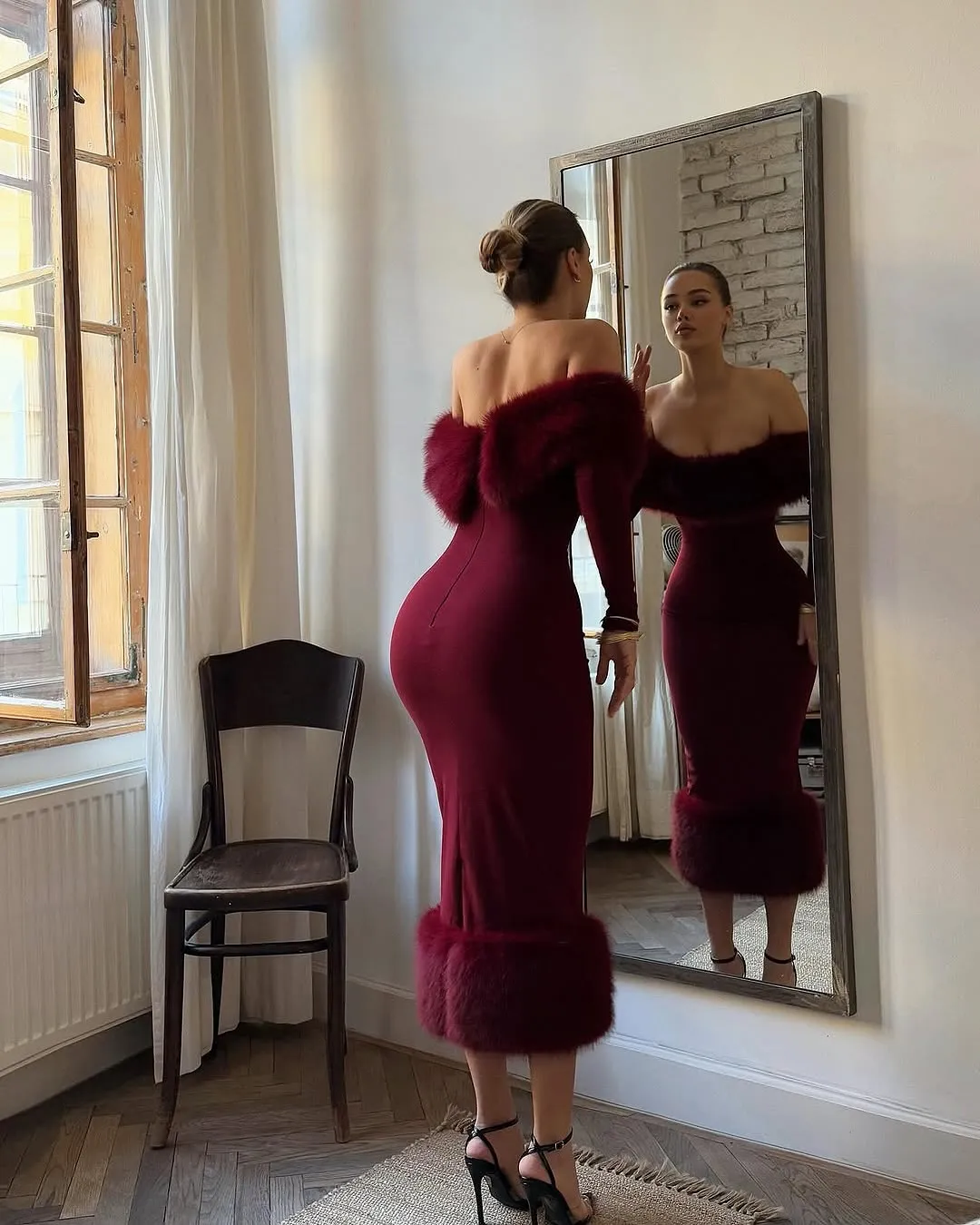 Vestido sem alças de retalhos de pele falsa feminino sexy fora do ombro manga cheia cinched-cintura vestidos finos senhora chique vestidos de festa de noite — image 3