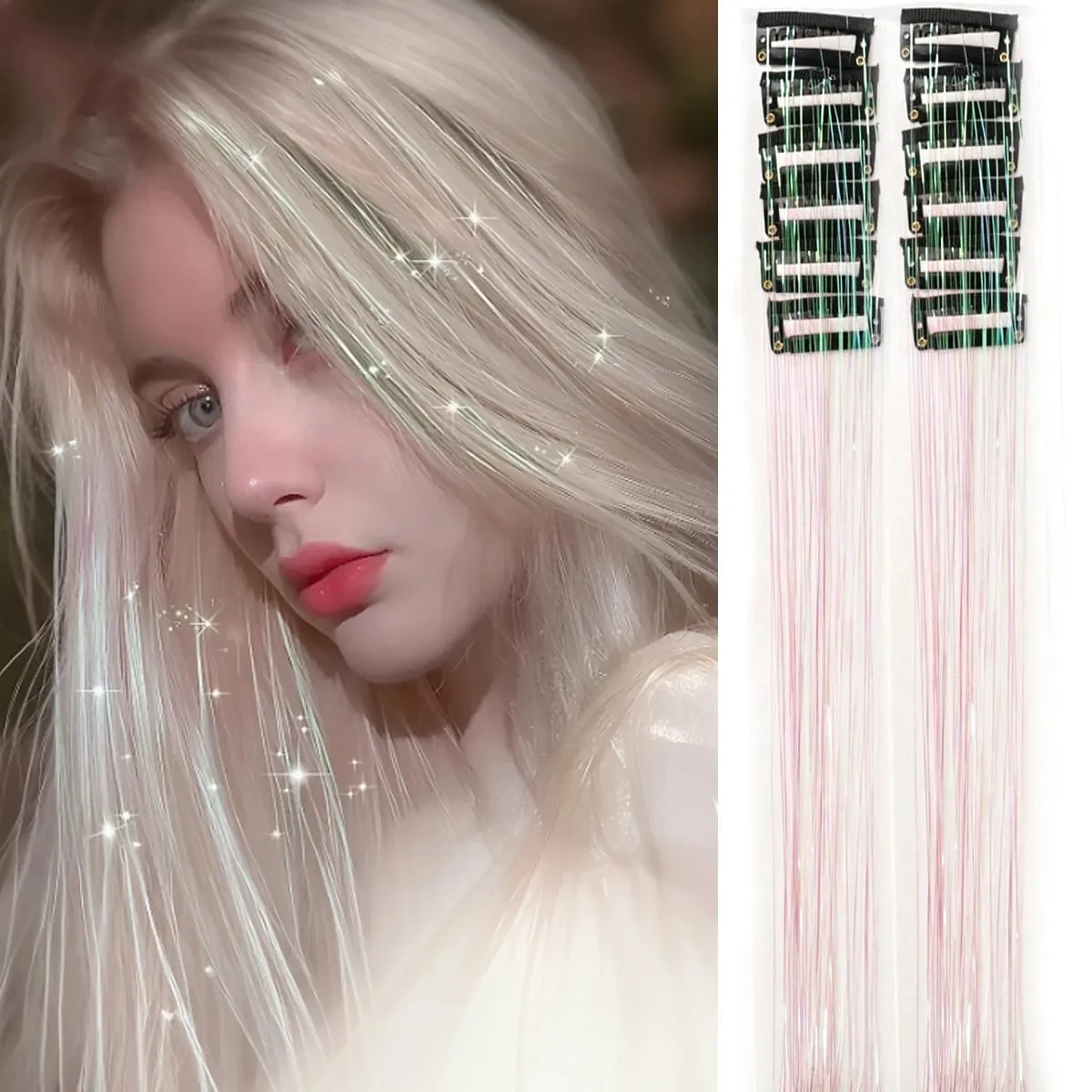 12Pcs Synthetic Hair Tinsel Clip in 20Inch Glitter Tinsel Hair Clip in Hair Tinsel Kit Heat Resistant Shiny Sparkle Fairy Hair