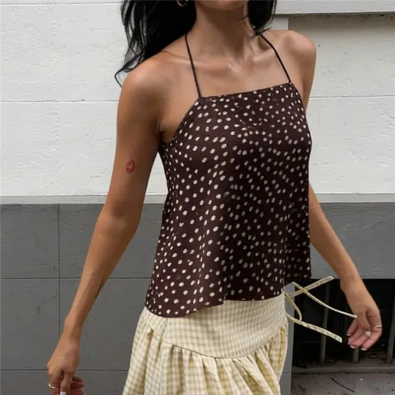 Women Polka Dot Chiffon Cami Top Spaghetti Strap Crisscross Tie Backless Asymmetric Hanky Hem Cropped Camisole Summer Tank Top — image 2