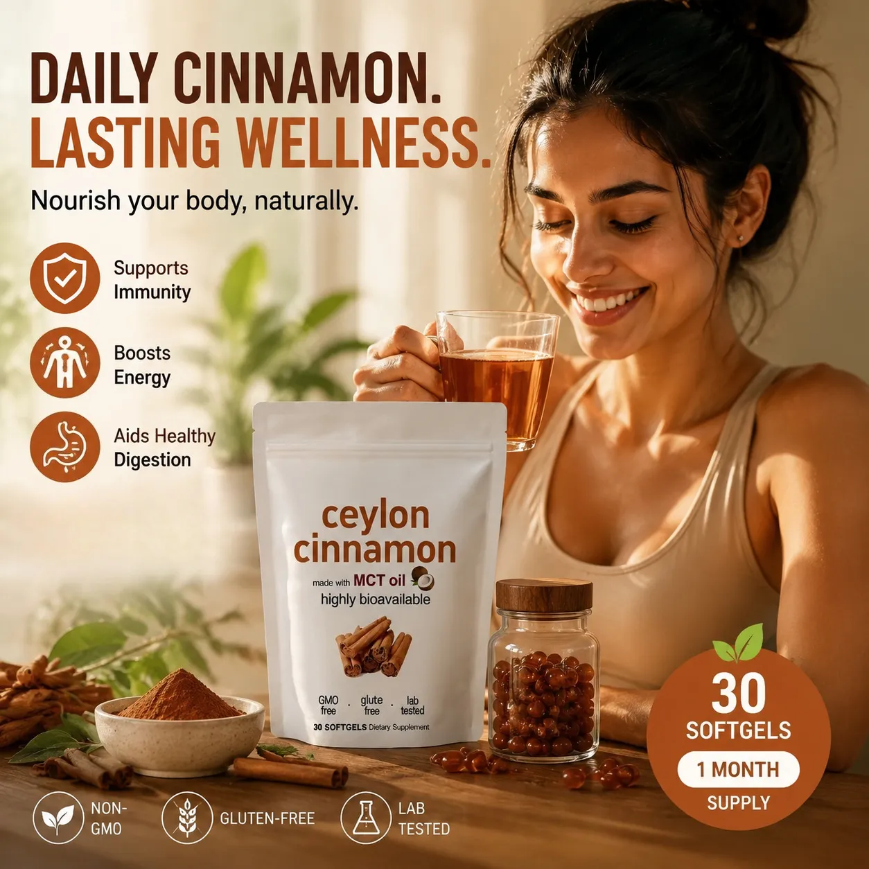 Ceylon Cinnamon Softgels 30 Count Natural Cinnamon Extract Supplement for Daily Wellness Digestion & Vitality Support — image 1