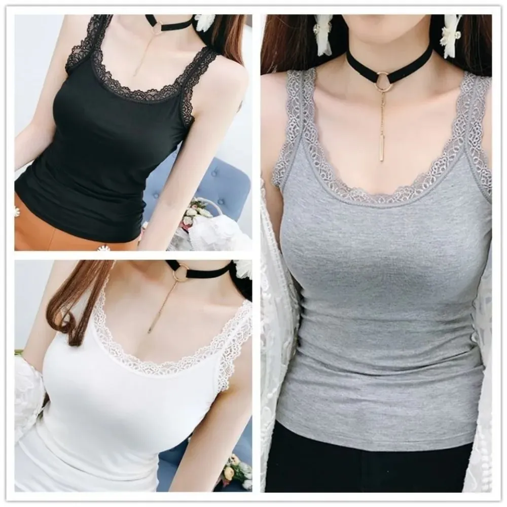 Casual U Neck Summer Tank Tops Sleeveless With Lace Fitted Tops Underwear Loose Cami Top Shirt for Women