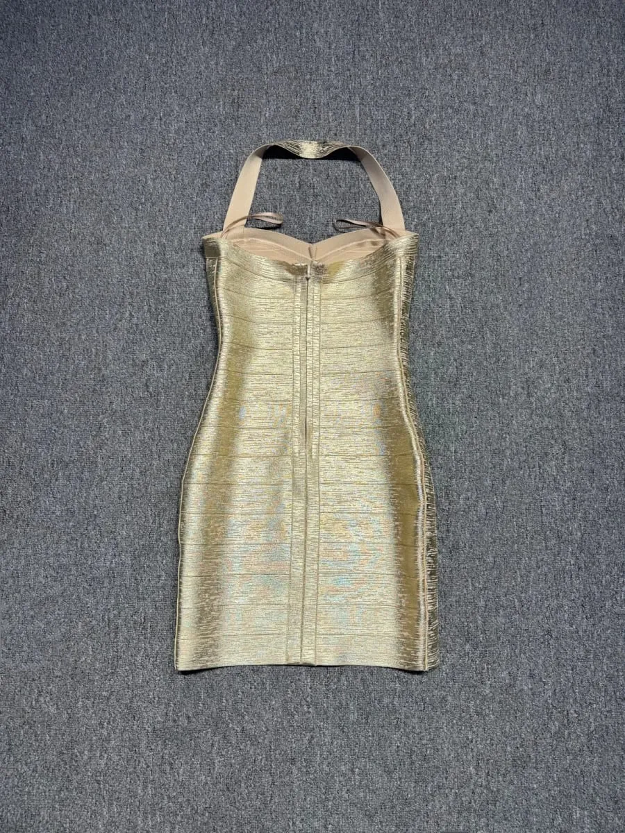 Real Photos Women Gold Bronzing Bandage Dress Bodycon Mini High Street Evening Club Party Homecoming Dress Wholesale Dropship — image 4