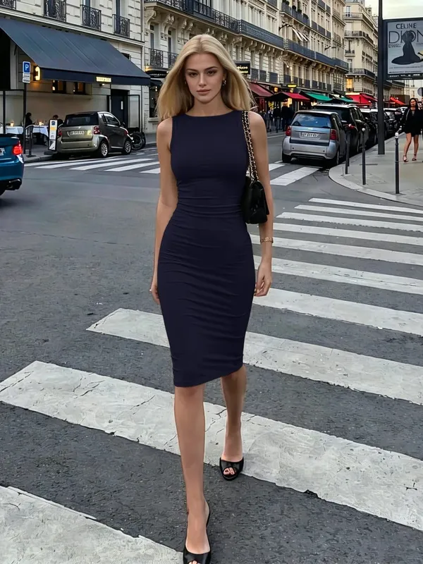 Dulzura Women'S Solid O-Neck Sleeveless Ruched Midi Dress Elegant Casual Slim Fit Dress Birthday Party Club Street Autumn Outfit — image 8
