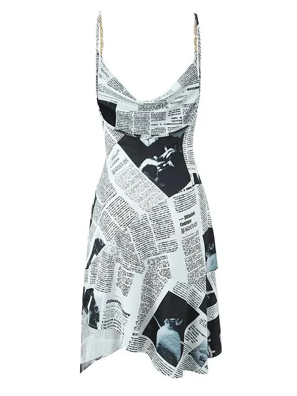 Bagong Pambabaeng Pahayagan ng Letter Print Irregular Hem Sling Dresses Fashion Backless Manipis na Straps Na May Chain Summer Sexy Dress KJH2 — image 4