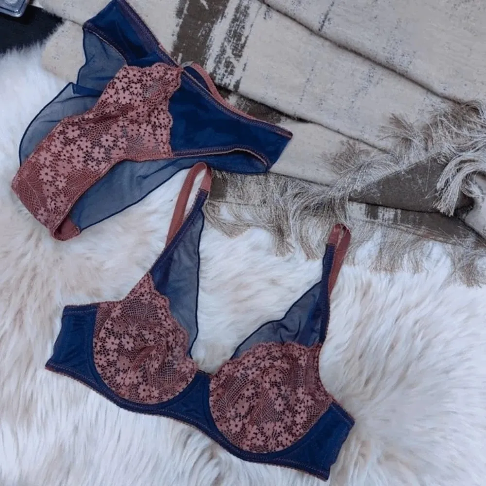 French Vintage Mesh Lace Flower Bra Set Brassiere Lingerie Push Up Bra Women Seamless Underwear Lace Floral Underpants Girl — image 5