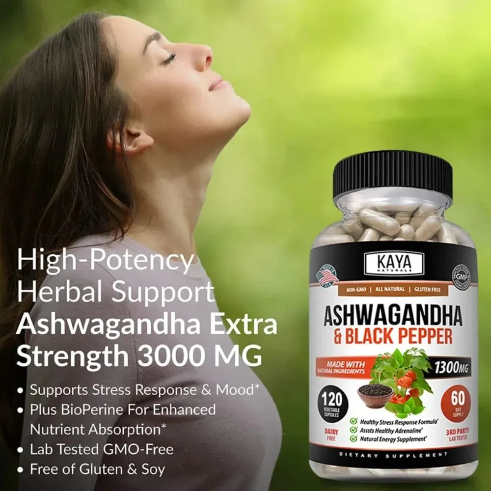Organic Ashwagandha 1300mg 120 Count Capsules for Stress Relief Anti-Anxiety Mood Support Brain Health — image 7
