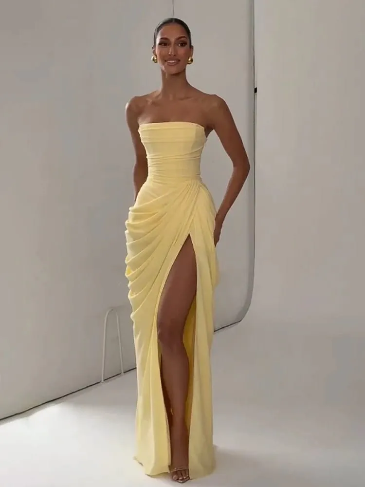Elegant Solid Pleated Strapless Maxi Dress Yellow Off-shoulder Backless High Waist Split Robe 2026 New Lady Evening Party Gown — image 1