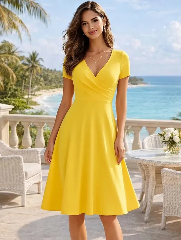 Pambabaeng Elegant Round Neck Summer Short Sleeve Solid A-Line Hanggang Tuhod na Dress High Waist Swagger Party na Kaswal na Pag-alis ng Kasal — image 9