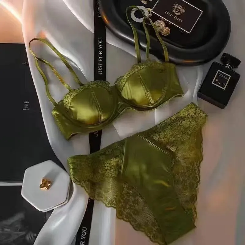 European American Satin Half Cup Bra Set Underwired Push Up Thin Smooth Green Lace Comfort Ladies Lingerie 32-38 Hot Trend S-xl — image 3