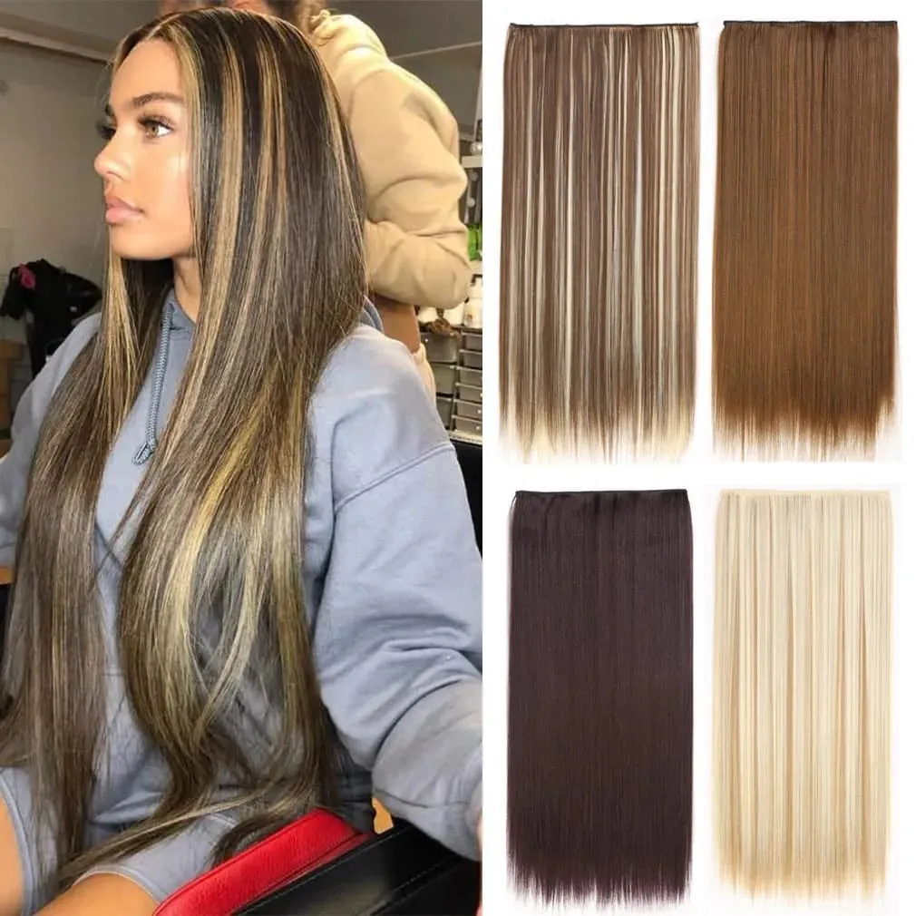 Hairpiece 5-Clips One Piece Clip-In Hair Extension Long Straight Hair Voluminous Natural Soft Synthetic Hair for Women Daily Use
