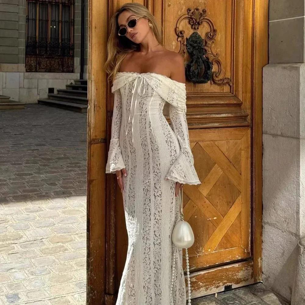 Oligai Elegant Off The Shoulder Bodycon Dress 2024 Nytt i vitt Flare Sleeve Lace Maxiklänning Bröllopsgästklänning för kvinnor — image 2
