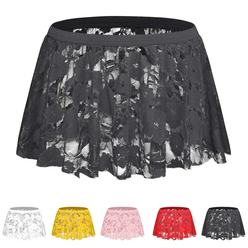 Men Solid Lace Skirt Mesh See Through For Lingerie Low For Rise Pleated Skirts Floral Pattern See‑through Male Daily Bottom — image 6