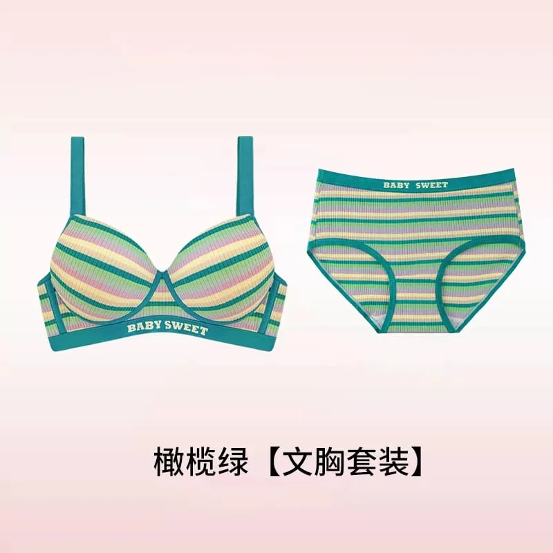 Stripe Women's Bra Set Gathered Anti-Sagging Small Chest Side Breast Reduction Underwear Cute Style Nylon — image 11