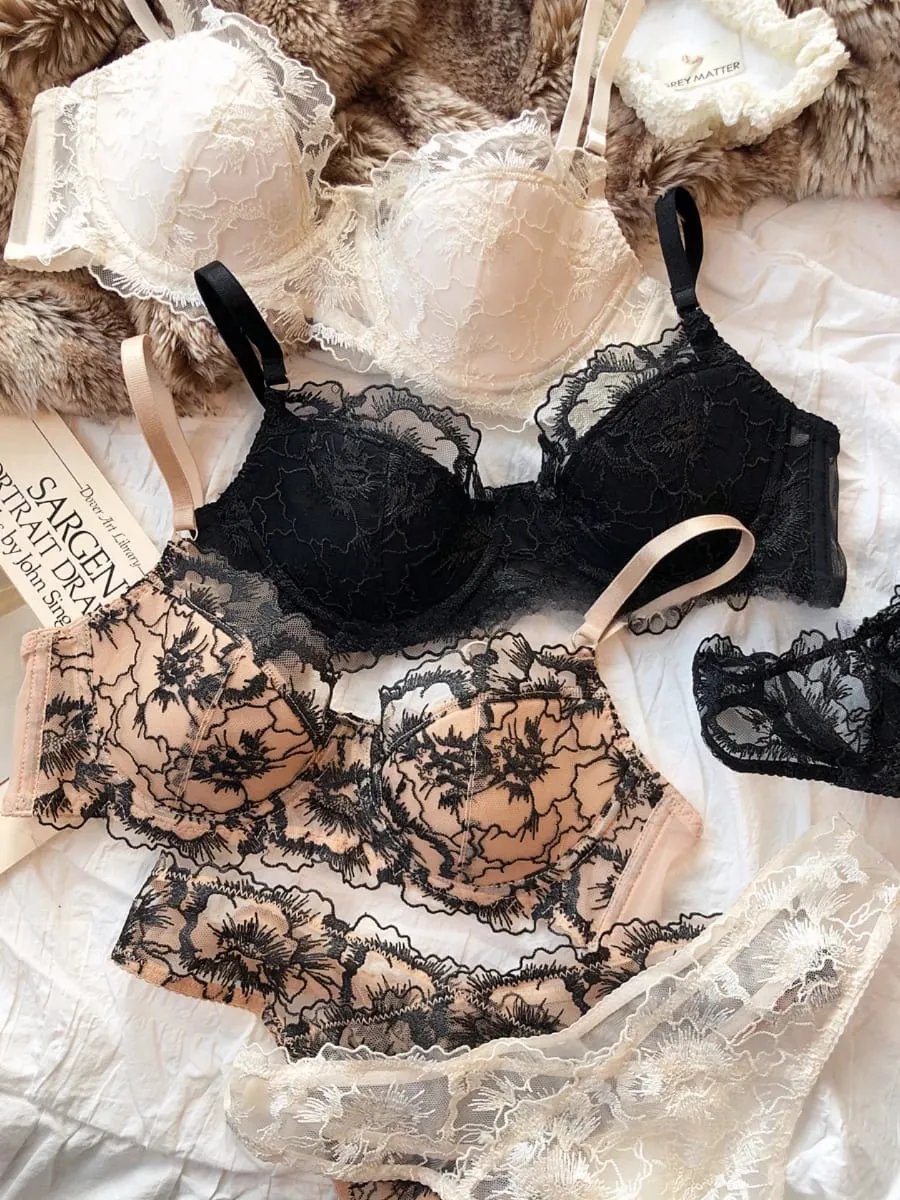 Sexy Women Underwear Set Lace Flowers Embroidery Push Up Bra Set French Thin Cup Comfort Breathable Lingerie Ladies Intimates