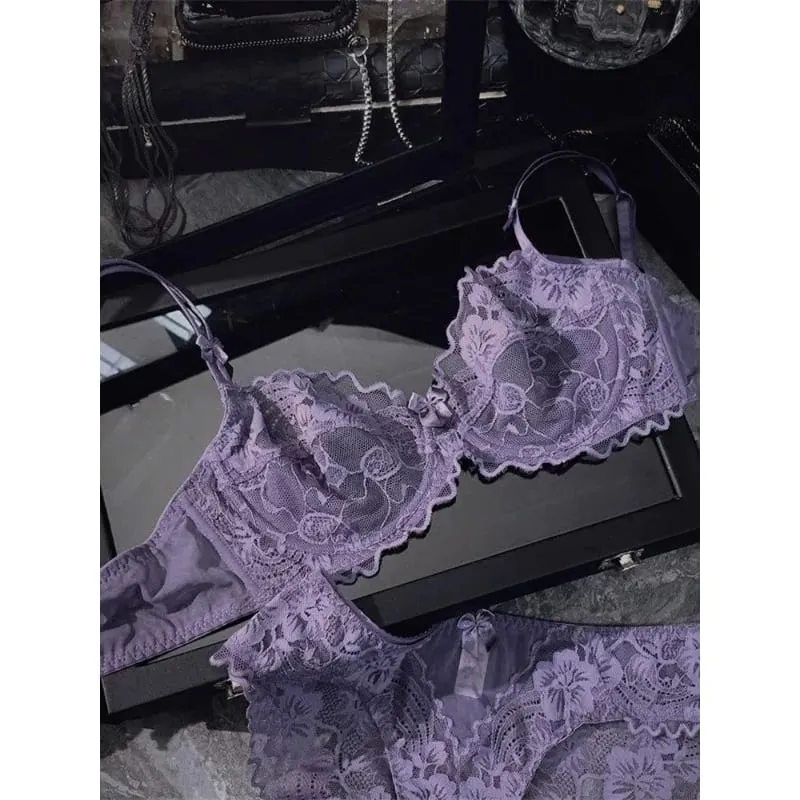 Chic French Ultra-thin Lace Lingerie Set Large Breasts See-through Underwire Bra small Bust Lift Elegant Soft Feminine Set S-xl — image 2
