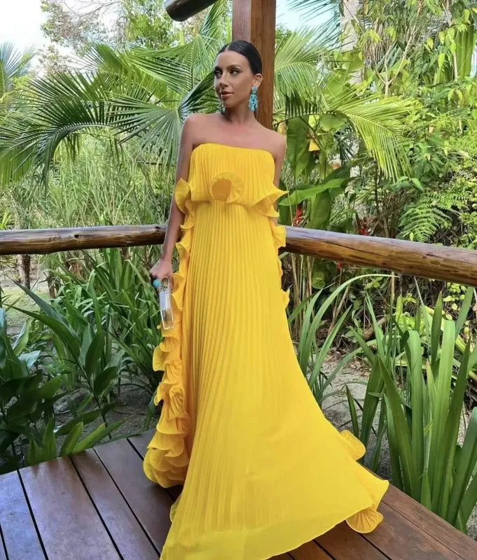 Vestido feminino da moda para férias de verão, laranja, plissado, chiffon, longo, formal, feito sob encomenda, com babados, sem alças, vestido de festa na praia