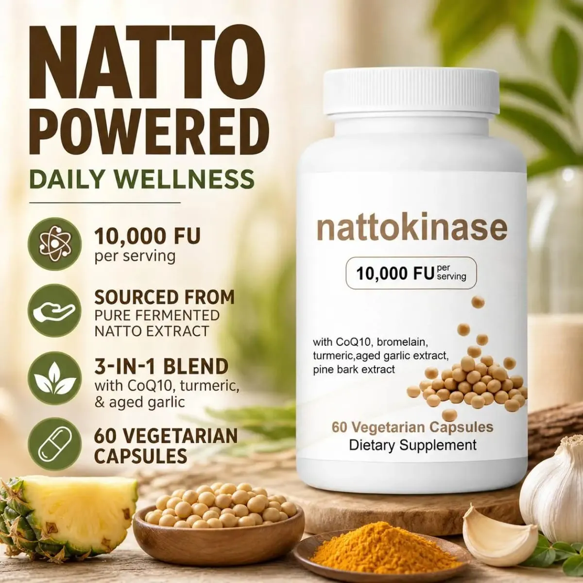 Nattokinase 10000 FU Per Serving Supports Heart Health Cardiovascular Blood Flow CoQ10 Bromelain Turmeric 60 Veggie Caps
