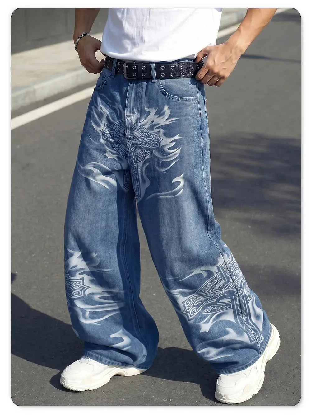 Men's Y2K Gothic Graffiti Print Baggy Ultra Wide Leg Jeans Hip Hop Streetwear Loose Casual Skater Denim Pants Unisex — image 6