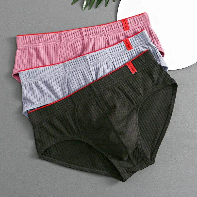 1/3PCS Panlalaking Brief sa Gitnang Baywang Elastic Soft Breathable Anti-septic U Convex Striped Solid Color Casual Men Underpants Underwear men — image 22