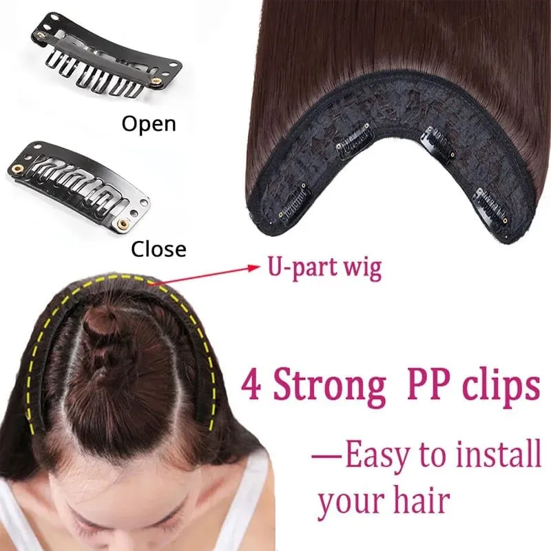 Synthetic 24Inch Long Straight One Piece Hair Extension 4 Clips V-shaped Hairstyle Black Brown Hairpiece for Women Daily Use — image 4