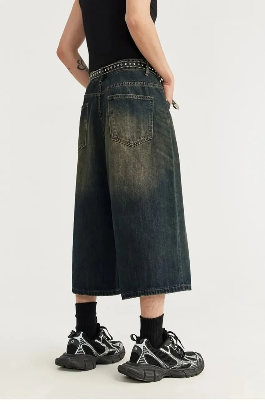 Men Vintage Washed Denim Shorts Loose Wide Leg Retro Nostalgic Tone Summer Streetwear Vintage Cropped Jeans — image 7