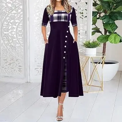 Pambabaeng Irregular Lattice Patchwork Long Dresses Vintage Buttons O Neck Half Sleeves Casual Lady Commuting Dress Fashion — image 8