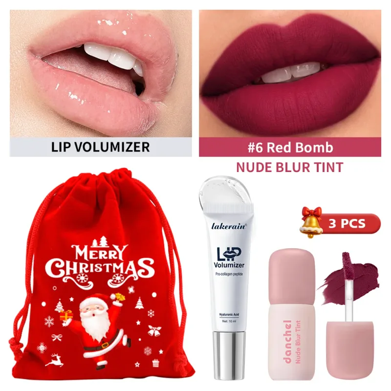 3 Pcs Christmas Lip Set Lip Volumizer Serum & Nude Blur Lip Tint Moisturizing Plumping Long Lasting Matte Lip Makeup Holiday Kit — image 11