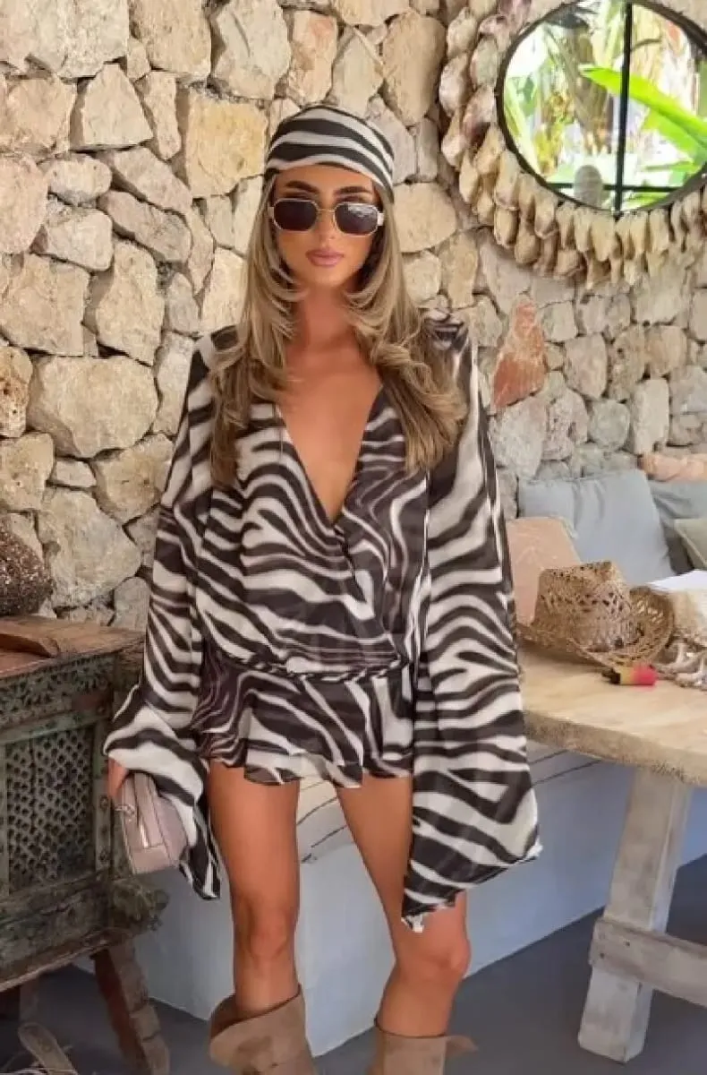 Chique y2k retro zebra listrado mini vestido mergulho v flowy luz vestidos femininos festa rua saindo vintage verão streetwear