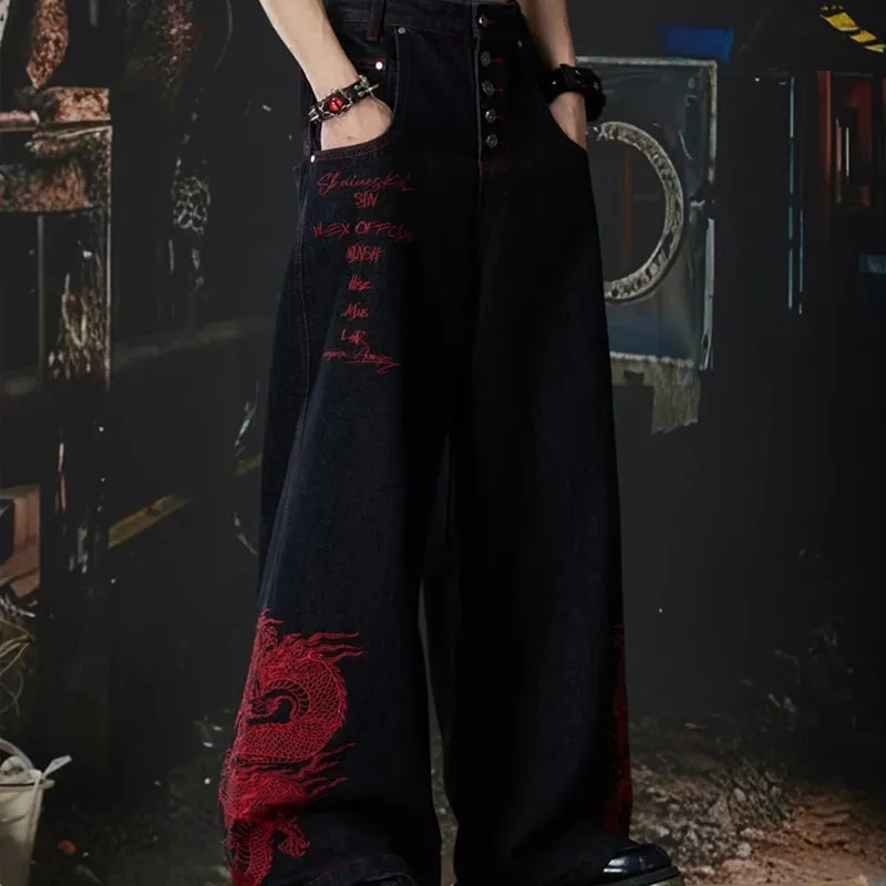 2026 New Side Red Dragon Embroidery Baggy Jeans For Men Y2K Streetwear Punk Fashion Denim Pantalones American Retro Hip Hop Jean — image 6