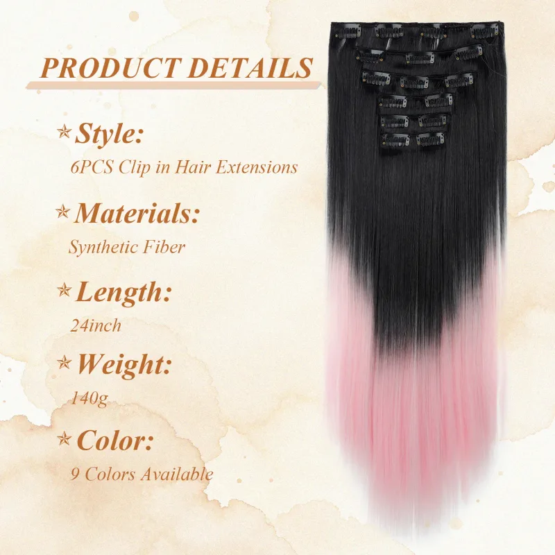 6 pçs 24 polegada ombre cor clip-in extensões de cabelo longo sintético em linha reta hairpieces em camadas macio invisível clip ins extensões — image 2