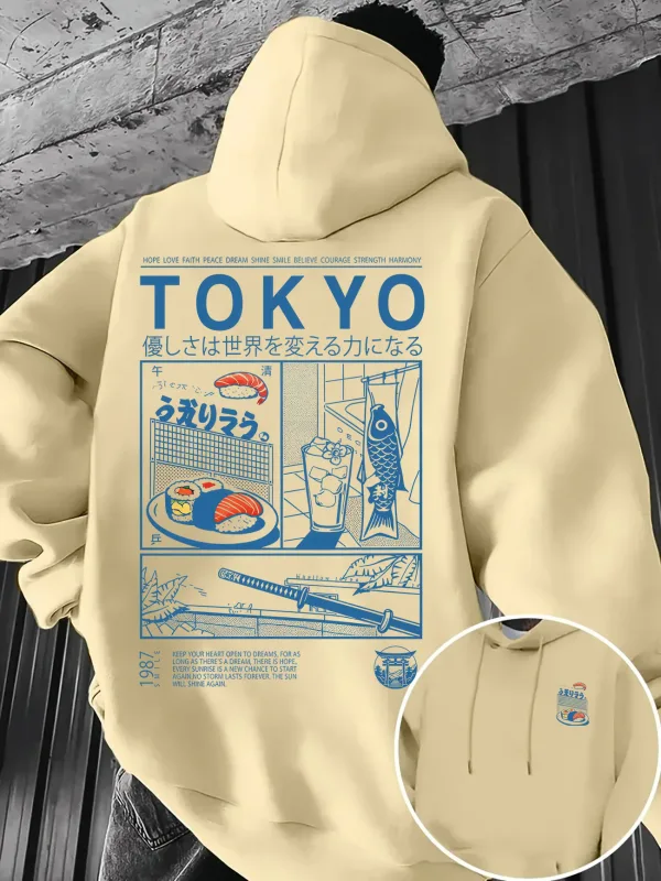 Loose-fit Men's Hooded Sweatshirt Tokyo-style Japanese Cuisine Woodblock Print Multi-panel Japanese-style Printed Pullover Top — image 4