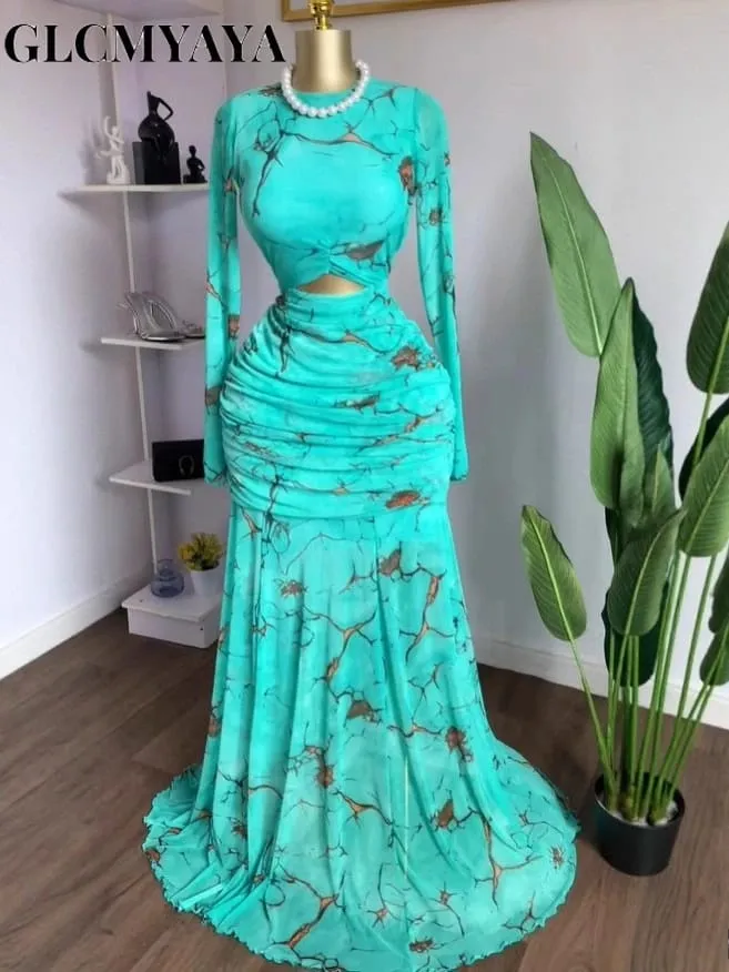 2025 Fall Women O-neck Long Sleeve Print Mermaid Maxi Dress 2025 Evening Birthday Beach Sexy Night Party Long Dresses