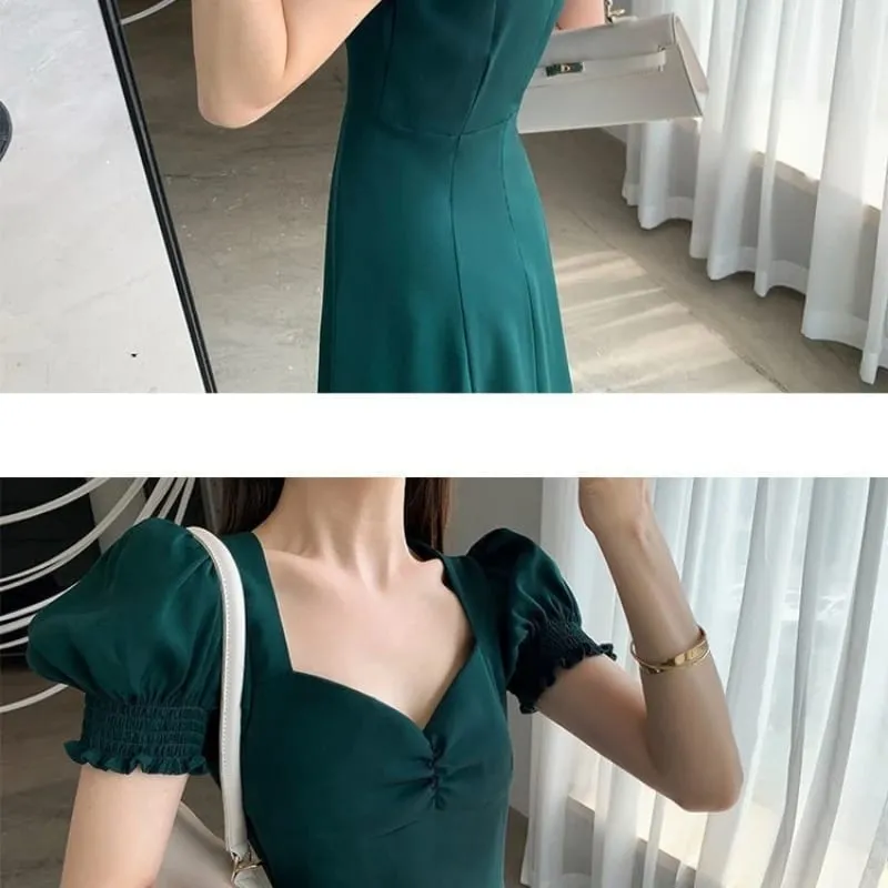 Sólido puff manga curta elegante vestido de fenda nova moda feminina com decote em v vestidos completos senhoras cintura alta magro vestidos de festa de noite — image 6