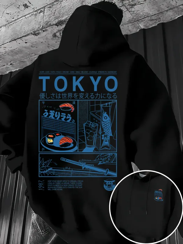 Loose-fit Men's Hooded Sweatshirt Tokyo-style Japanese Cuisine Woodblock Print Multi-panel Japanese-style Printed Pullover Top — image 1
