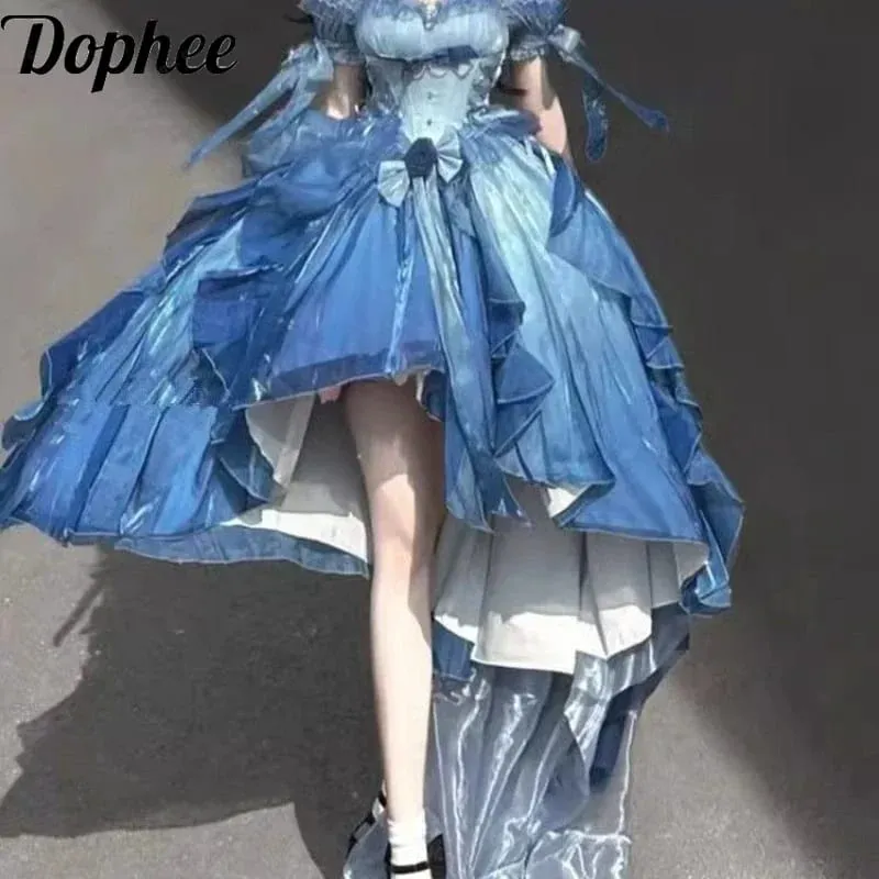 Dophee Original Lolita Trailing Puffy Dress Kvinnor Kort Fram Lång Baksida Prinsessan Blå Blomma Bröllopsklänning Elegant Off Shoulder — image 2