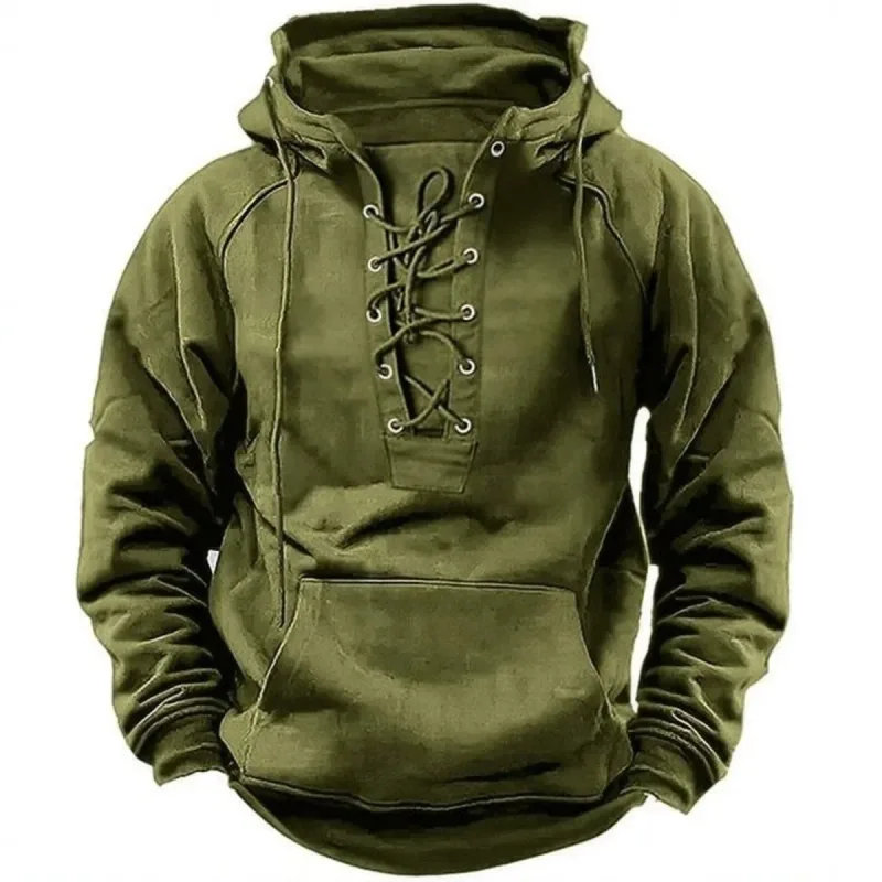 Men's Retro-Style Lace-Up Hooded Sweatshirt Loose-Fitting Long-Sleeved Pullover Pure Color Design for Autumn Winter Hoodie — image 3