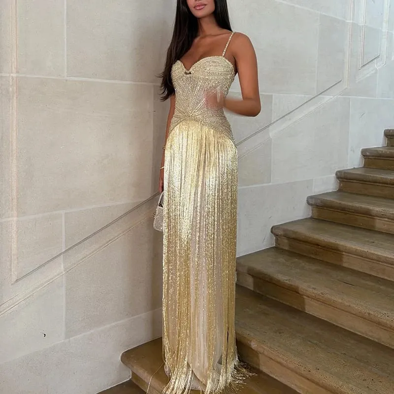 Fashion Backless Slim Fit Evening Gown Shiny Sequined High Waist Women Long Dress Sexy Wrap Chest Sleeveless Hollow Tassel Dress