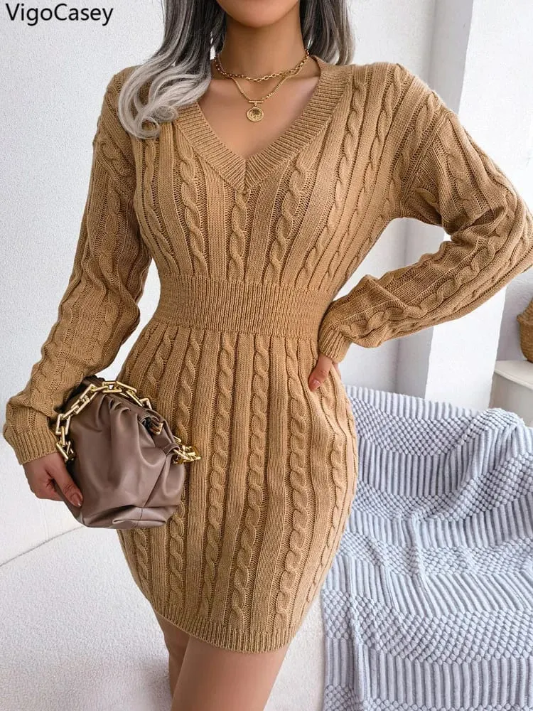 VigoCasey 2026 V Neck Casual Short Knit Dress Autumn Winter Women Solid Long Sleeve Dress Lady Khaki Bodycon Knitted Dresses — image 1