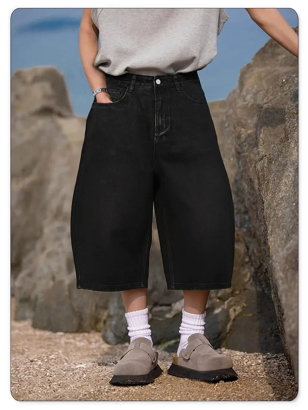 Summer American Style Retro Black Ultra Baggy Machete Wide Leg Denim Shorts Fashion Men's Women's Daily Jeans Capris Jeans — image 8