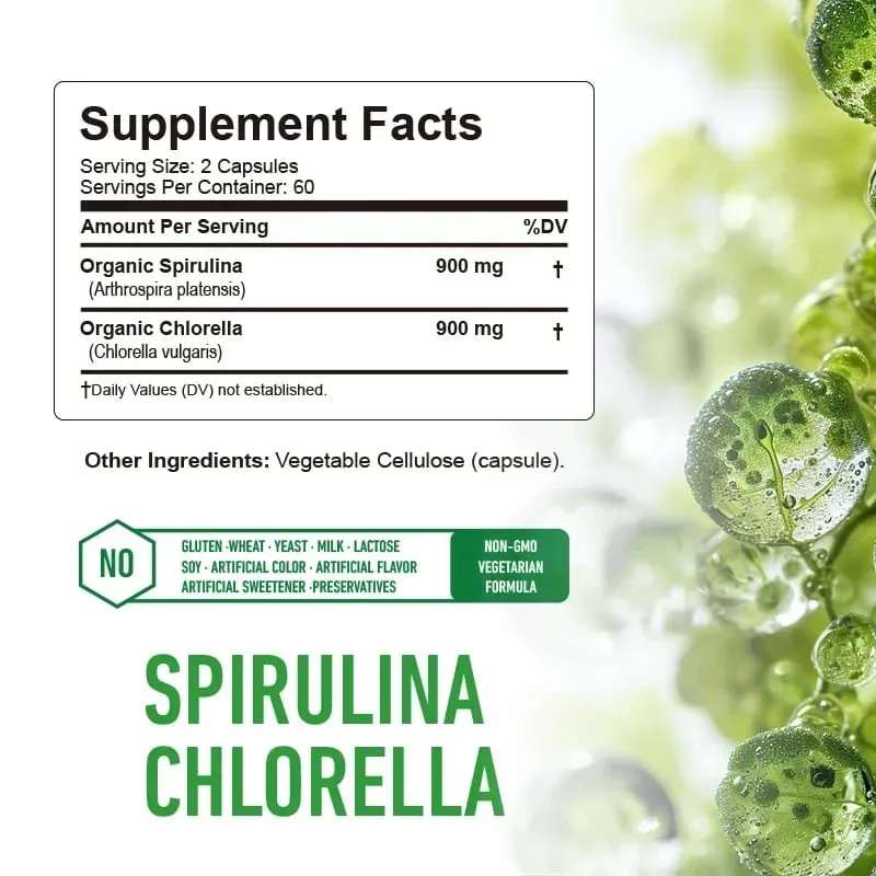 Spirulina Chlorella Capsules - Supports Cardiovascular and Immune System Health Powerful Antioxidant — image 2