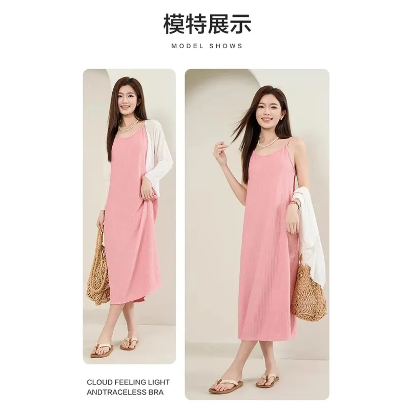 Original Black White Chiba Pleated Suspender Fashion Slimming Dress Pambabaeng Casual All-Match Loose Drooping Dress — image 10