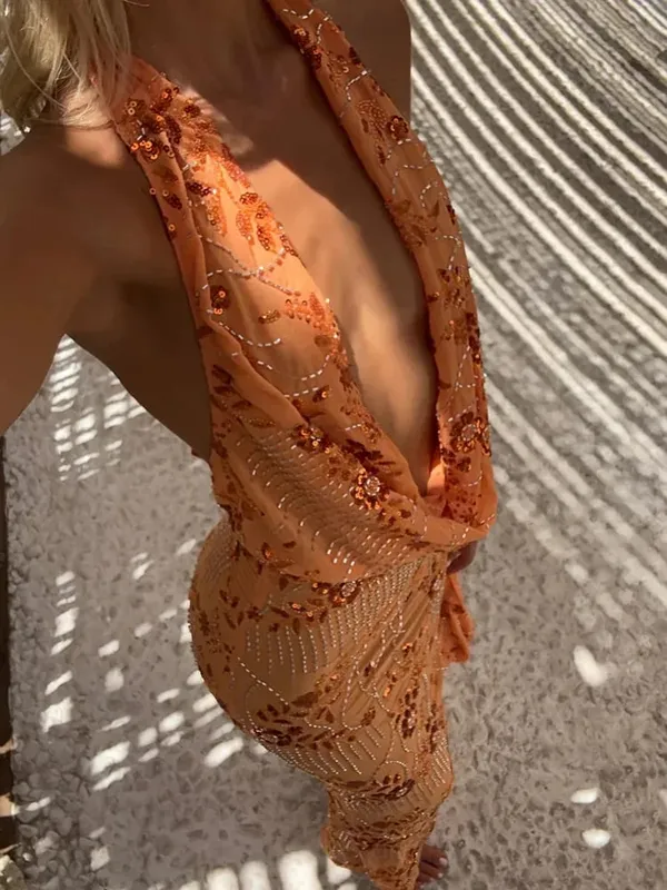 Sparkle Backless Sexy Maxi Dress Women Gown Elegant Halter Deep V Neck Sleeveless High Waist Bodycon Club Party Dresses — image 8