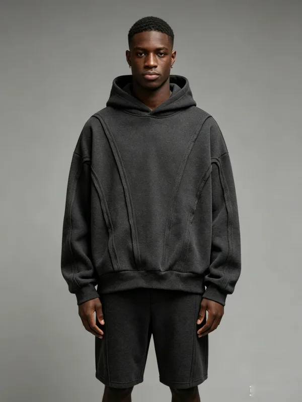 Striped solidcolor mens hooded sweatshirt with fleece forwarmth. Fashionable street casual loosefitting casual sweater with hood — image 12