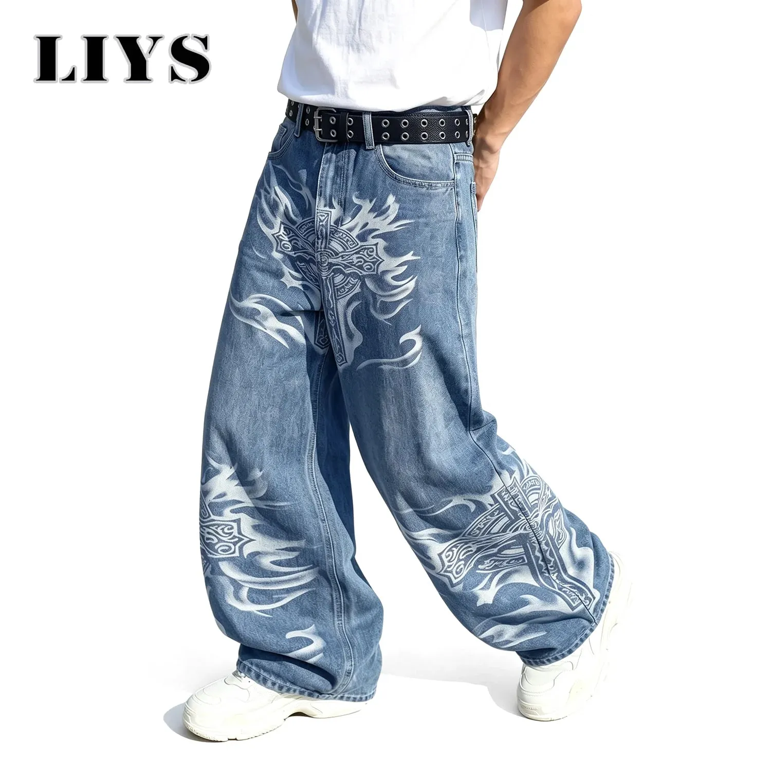 Men's Y2K Gothic Graffiti Print Baggy Ultra Wide Leg Jeans Hip Hop Streetwear Loose Casual Skater Denim Pants Unisex