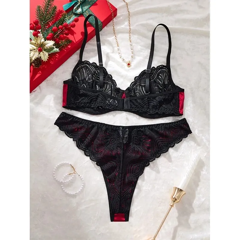 Valentine Sexy Lingerie Black Lace Splicing Underwear Women Set Ultra Thin Luxury Intimate Lingerie 3-point Transparent Bra Set — image 3