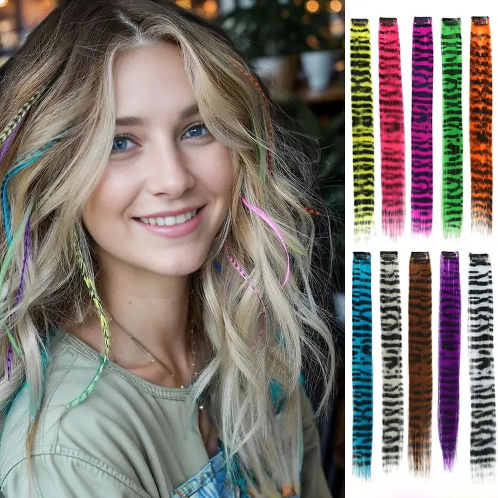 1Pc Clip-in Stripe Printed Synthetic Hair Colorful Long Straight Hair Pieces clip in Hair Extensions for Daily or Christmas wear — image 3