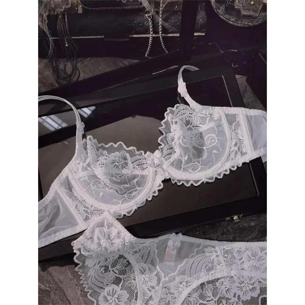 Minimal French Thin Perspective Lace Lingerie Set Underwire Beauty Back Malaking Bust Minimizer Side Shaping Anti Sagging Bra Set — image 2