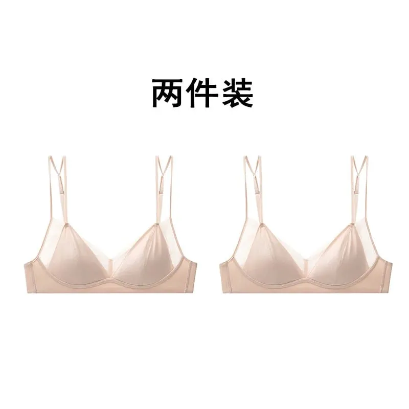 Modish Leopard Intimate Set Non-wire Thin Triangle Bra Breathable Summer Nude Fabric Small Chest Firm Gathering Womens Indoor — image 25