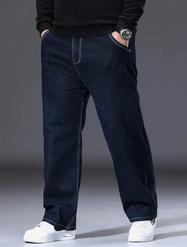 29-50 Sizes Men's Stretch Jeans Straight Leg Denim Pants Extended Sizing Blue Black Streetwear Relaxed Fit For Work Casual New