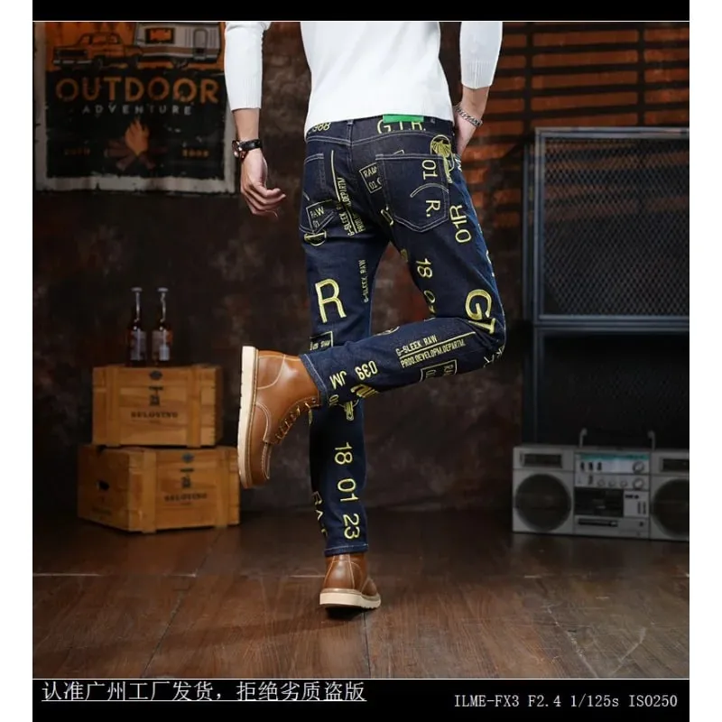 High end 2025 autumn new slim fit small leg pants for men personalized embroidery printed fashion trend jeans — image 6